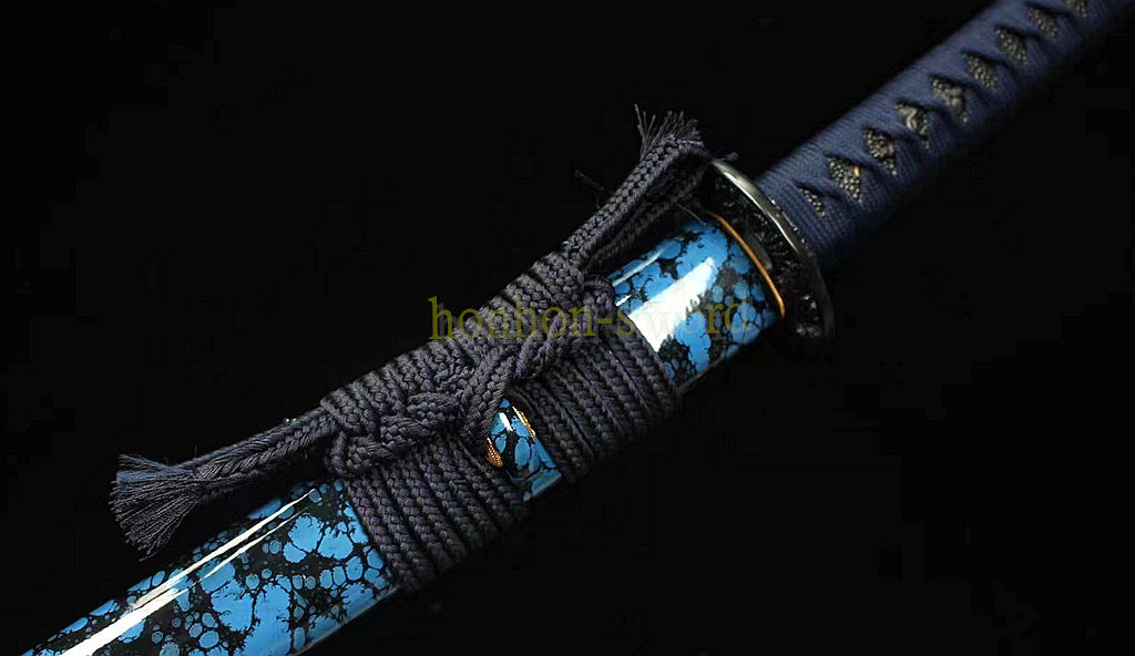 Japanisches Samurai-Schwert Katana aus schwarzem gefaltetem Stahl, Full Tang, handgefertigt, scharfe Klinge, schwarz 