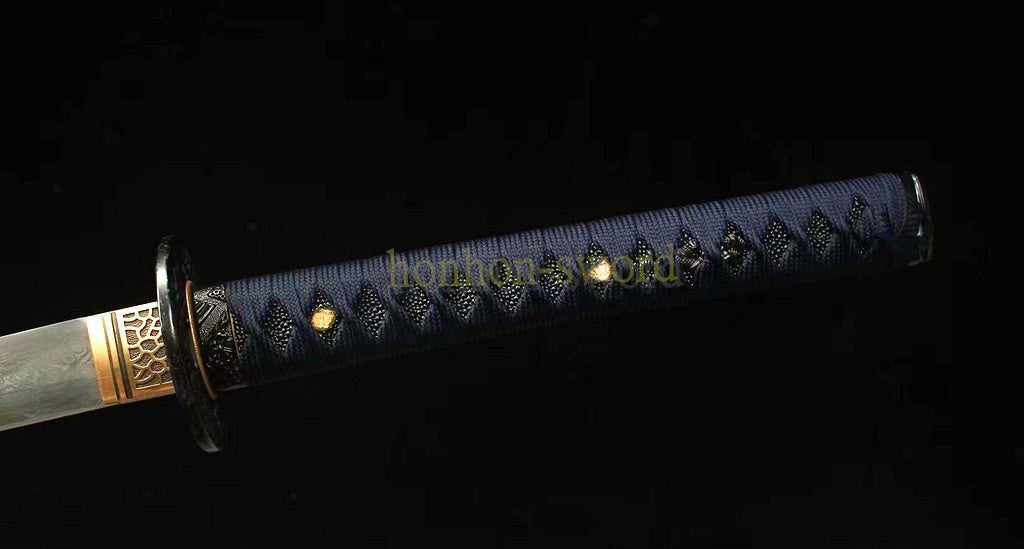 Japanisches Samurai-Schwert Katana aus schwarzem gefaltetem Stahl, Full Tang, handgefertigt, scharfe Klinge, schwarz 