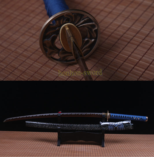 Damascus Folded Steel Katana Red Blade Japanese Samurai Sword Battle Ready Blue