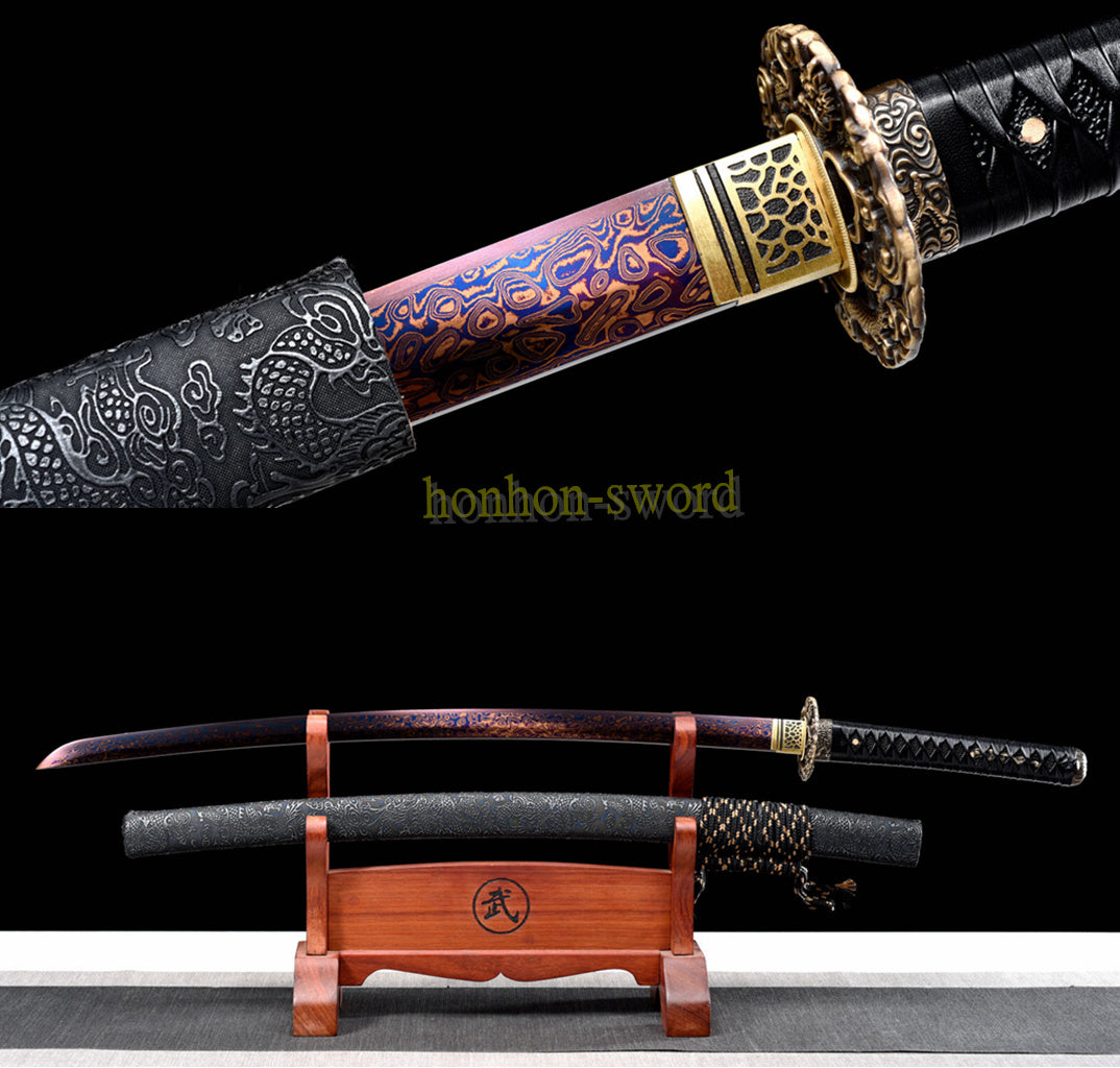 Épée de samouraï japonaise en acier plié noir, katana, lame tranchante faite à la main, noire 