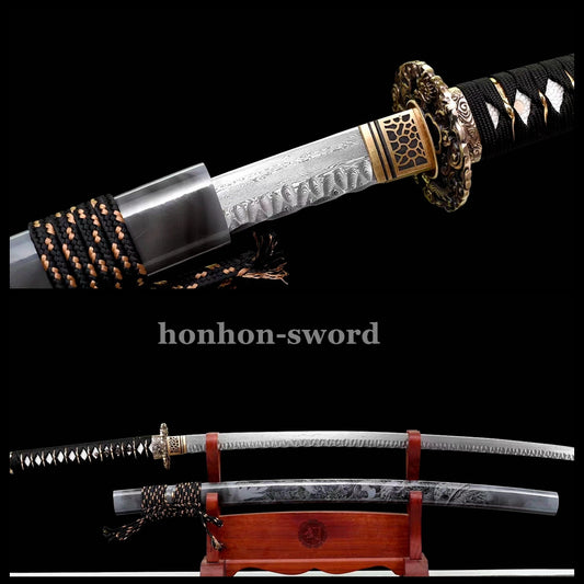 Damascus Folded Steel Katana Hammering Pattern Japanese Samurai Sword Battle Ready Grey