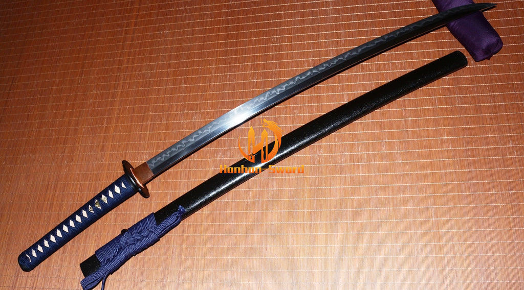 1095 Kohlenstoffstahl Katana Blaue Klinge Japanisches Samurai-Schwert Full Tang Schwarz 