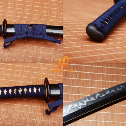 1095 Kohlenstoffstahl Katana Blaue Klinge Japanisches Samurai-Schwert Full Tang Schwarz 