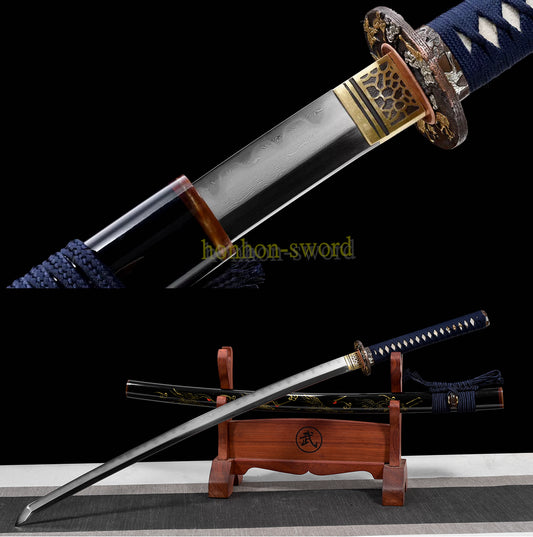 Kobuse Clay Tempered Katana Hand Polishing Japanese Samurai Sword Hand Painting Ox Horn  Saya Black