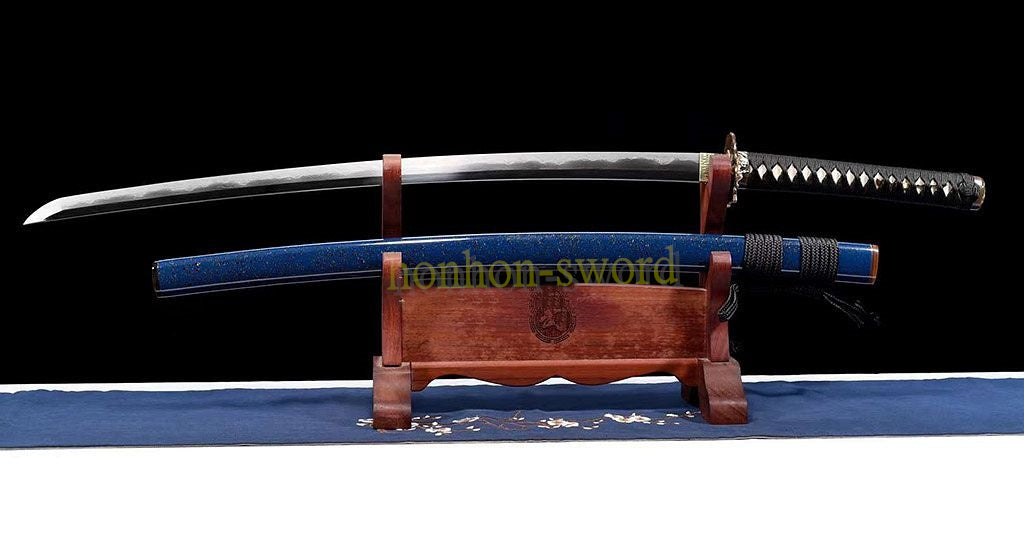 1095 Kohlenstoffstahl Katana Blaue Klinge Japanisches Samurai-Schwert Full Tang Schwarz 