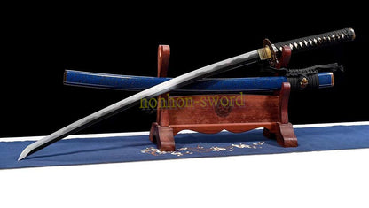 1095 Kohlenstoffstahl Katana Blaue Klinge Japanisches Samurai-Schwert Full Tang Schwarz 