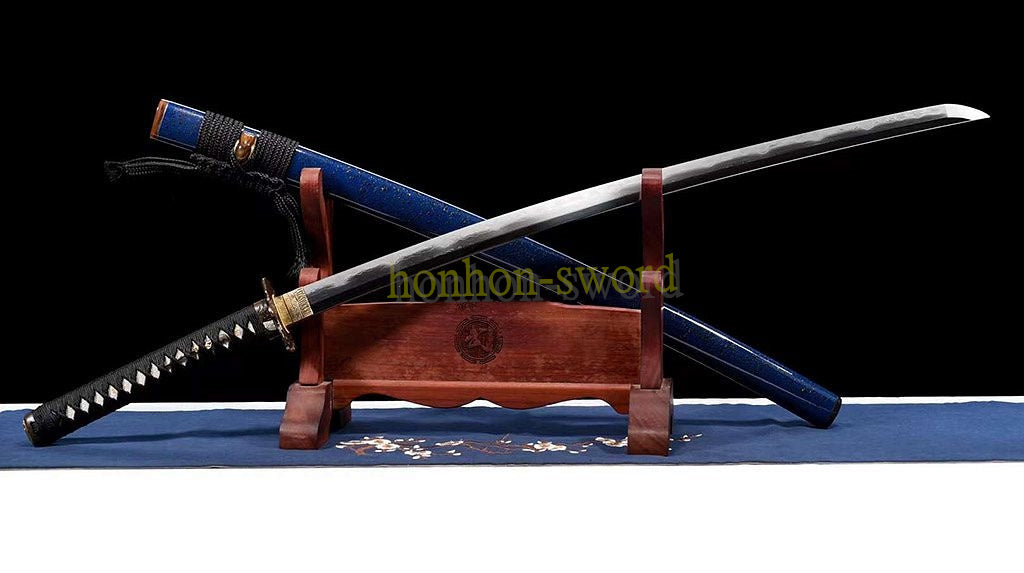 1095 Kohlenstoffstahl Katana Blaue Klinge Japanisches Samurai-Schwert Full Tang Schwarz 