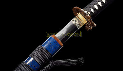 1095 Kohlenstoffstahl Katana Blaue Klinge Japanisches Samurai-Schwert Full Tang Schwarz 