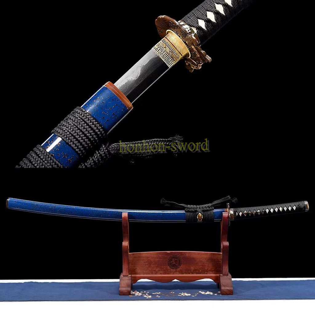 1095 Kohlenstoffstahl Katana Blaue Klinge Japanisches Samurai-Schwert Full Tang Schwarz 