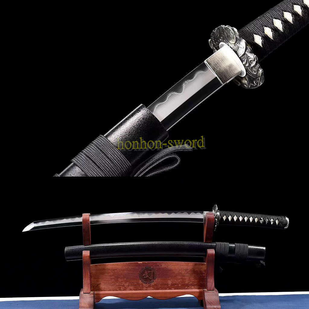 Hand Forge Kobuse Clay Tempered Wakizashi Cupronickel Tsuba Hand Polishing Japanese Samurai Sword Black