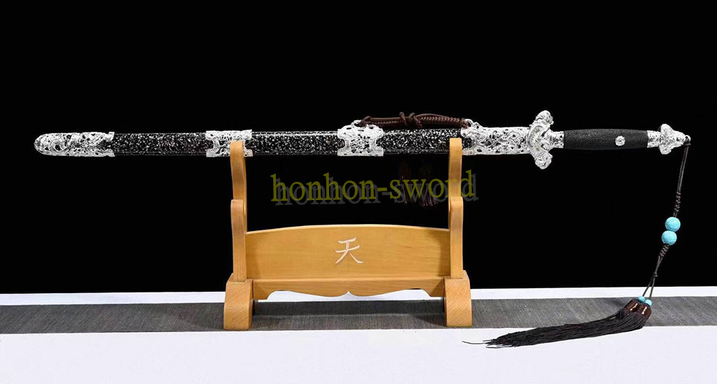 Hand Forge Kobuse Clay Tempered Qing Jian Hand Polishing Chinese Sword Black Full Rayskin Sheath