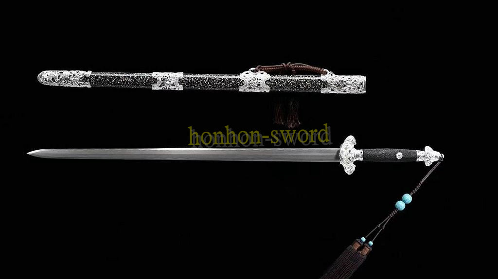 Hand Forge Kobuse Clay Tempered Qing Jian Hand Polishing Chinese Sword Black Full Rayskin Sheath