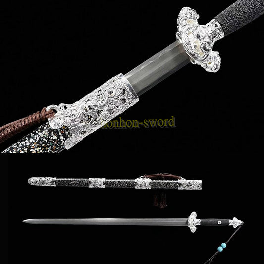 Hand Forge Kobuse Clay Tempered Qing Jian Hand Polishing Chinese Sword Black Full Rayskin Sheath