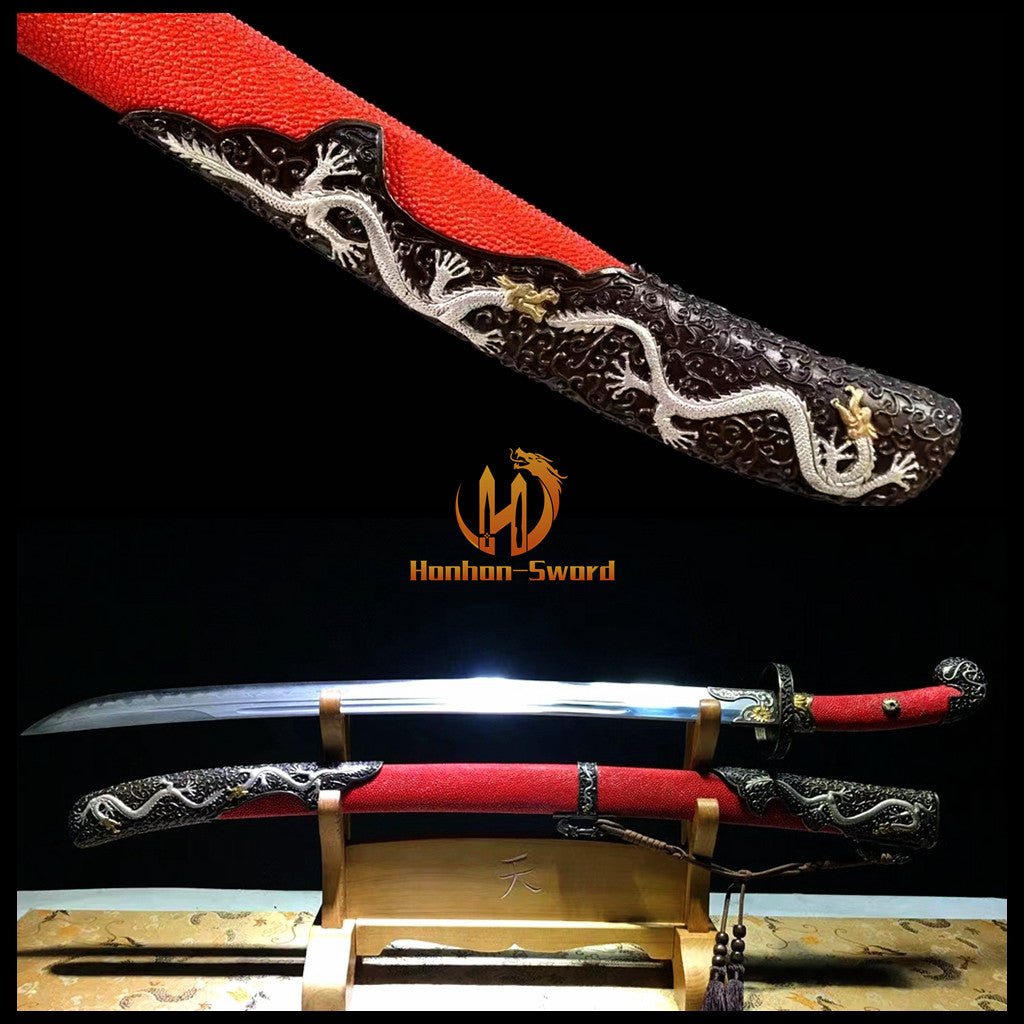 Soshu Kitae 七枚合 Clay Tempered Qing Dynasty Dao Hand Polishing Chinese Dao Sword Red Rayskin Sheath
