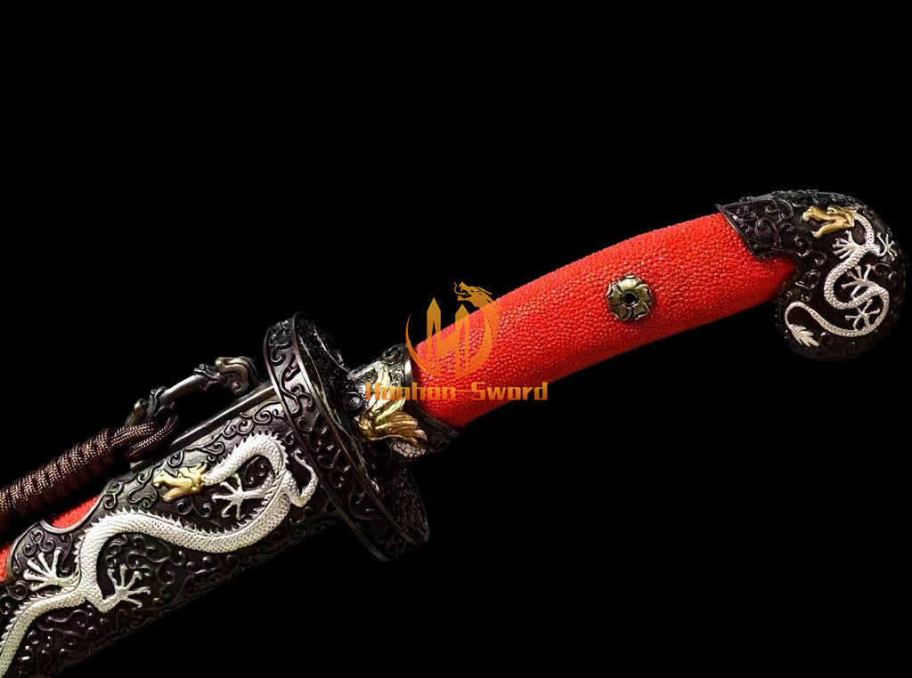 Soshu Kitae 七枚合 Clay Tempered Qing Dynasty Dao Hand Polishing Chinese Dao Sword Red Rayskin Sheath