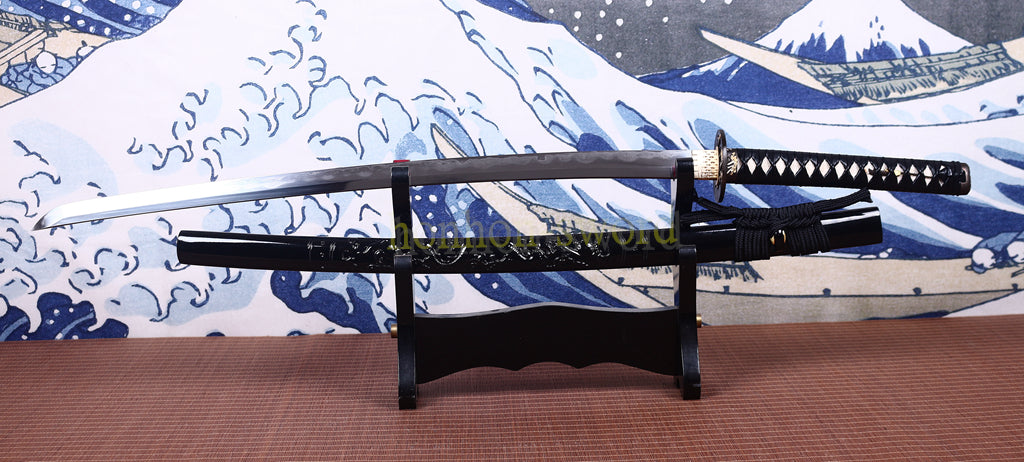 1095 Kohlenstoffstahl Katana Blaue Klinge Japanisches Samurai-Schwert Full Tang Schwarz 