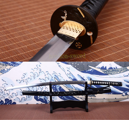 1095 Kohlenstoffstahl Katana Blaue Klinge Japanisches Samurai-Schwert Full Tang Schwarz 