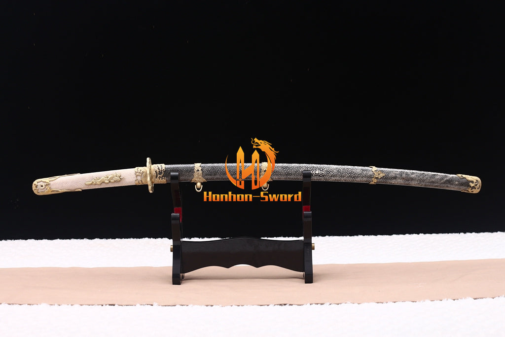 Hand Polishing Shihozume Katana Gold Dragon Japanese Samurai Sword Full Rayskin Saya