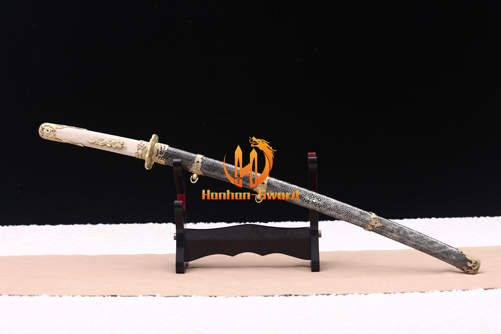 Hand Polishing Shihozume Katana Gold Dragon Japanese Samurai Sword Full Rayskin Saya