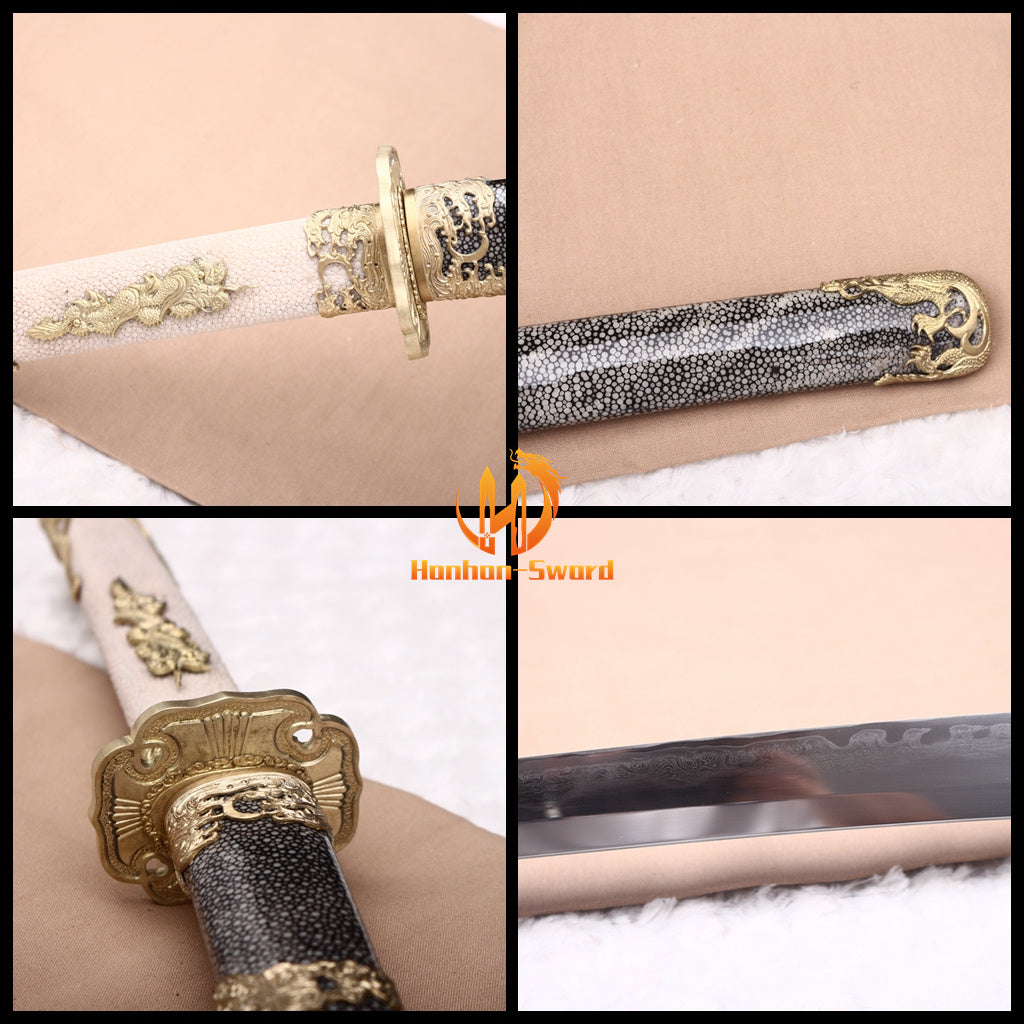 Hand Polishing Shihozume Katana Gold Dragon Japanese Samurai Sword Full Rayskin Saya