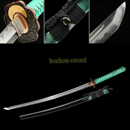 Hand Polishing Honsanmai Clay Tempered Katana Japanese Samurai Sword Green Rayskin Saya