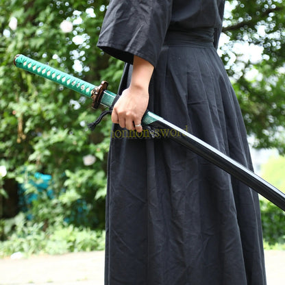 Hand Polishing Honsanmai Clay Tempered Katana Japanese Samurai Sword Green Rayskin Saya