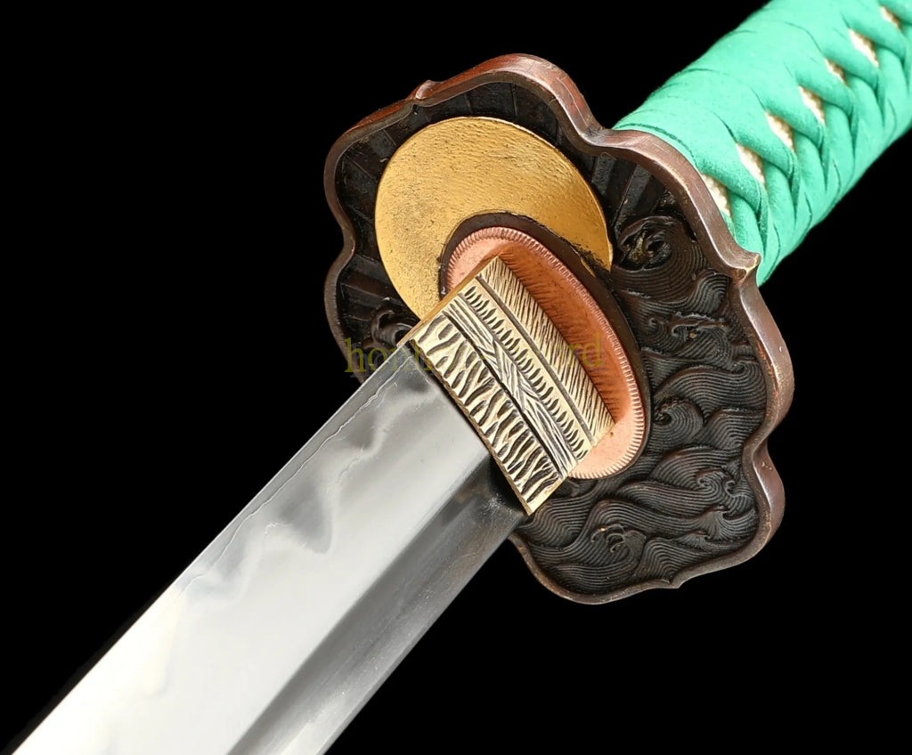 Hand Polishing Honsanmai Clay Tempered Katana Japanese Samurai Sword Green Rayskin Saya
