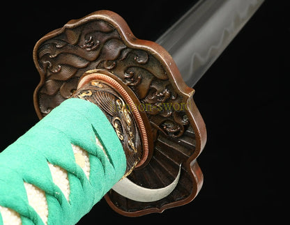 Hand Polishing Honsanmai Clay Tempered Katana Japanese Samurai Sword Green Rayskin Saya