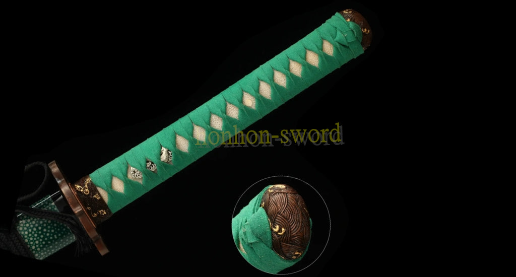 Hand Polishing Honsanmai Clay Tempered Katana Japanese Samurai Sword Green Rayskin Saya