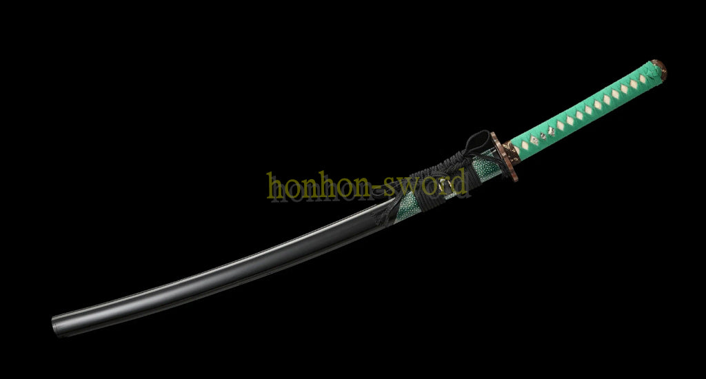 Hand Polishing Honsanmai Clay Tempered Katana Japanese Samurai Sword Green Rayskin Saya