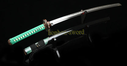 Hand Polishing Honsanmai Clay Tempered Katana Japanese Samurai Sword Green Rayskin Saya