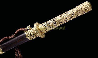 Hand Forge Feather Pattern Honsanmai Tang Dynasty Dao 唐刀 Chinese Dao Sword Kiriha-Zukuri Ebony Sheath Black