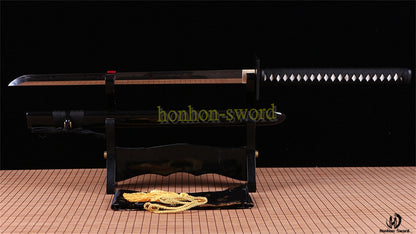 T10 Steel Clay Tempered Ninjato Japanese Ninja Sword Chokuto Full Tang Battle Ready Real Hamon Black
