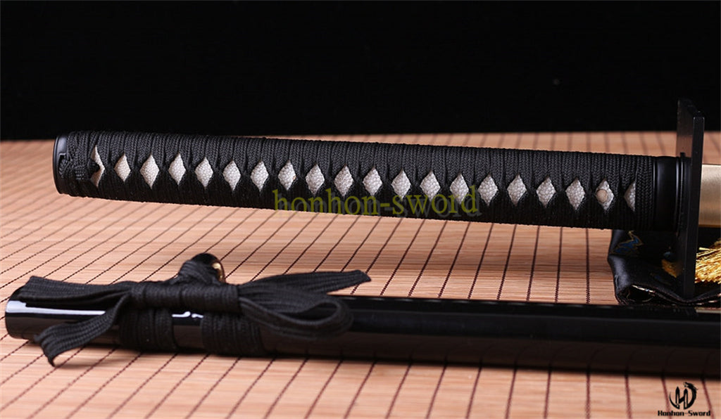 T10 Steel Clay Tempered Ninjato Japanese Ninja Sword Chokuto Full Tang Battle Ready Real Hamon Black