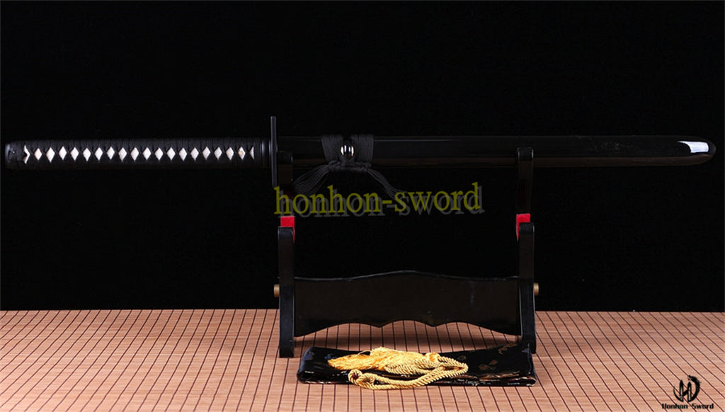 T10 Steel Clay Tempered Ninjato Japanese Ninja Sword Chokuto Full Tang Battle Ready Real Hamon Black