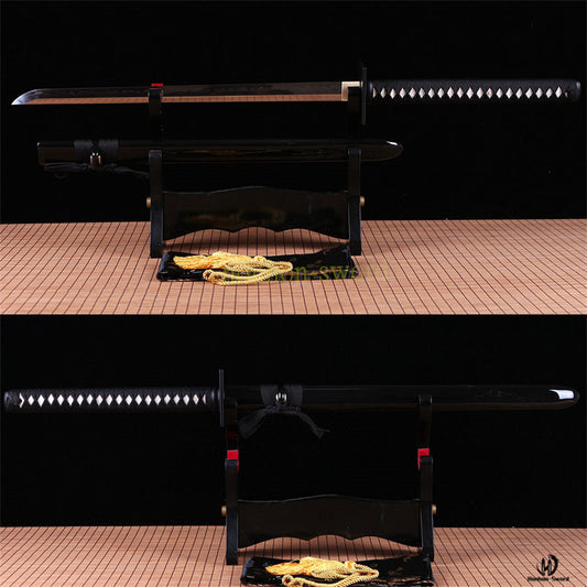 T10 Steel Clay Tempered Ninjato Japanese Ninja Sword Chokuto Full Tang Battle Ready Real Hamon Black