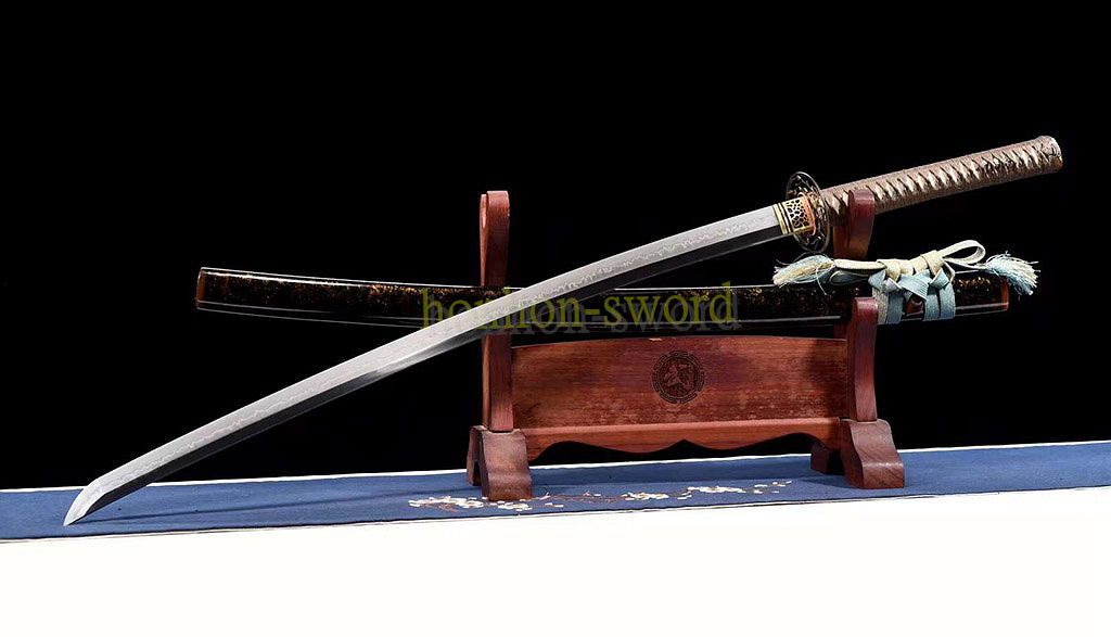 1095 Kohlenstoffstahl Katana Blaue Klinge Japanisches Samurai-Schwert Full Tang Schwarz 