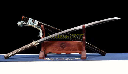 1095 Kohlenstoffstahl Katana Blaue Klinge Japanisches Samurai-Schwert Full Tang Schwarz 
