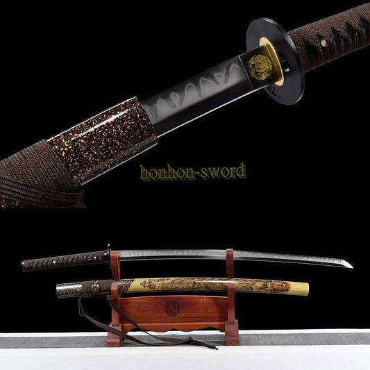 T10 Clay Tempered Katana Real Yokote Japanese Samurai Sword Black