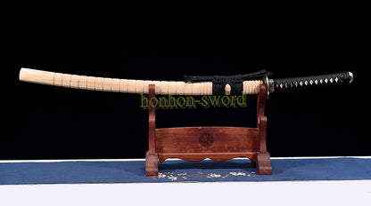 Hadori Polishing T10 Clay Tempered Katana Tyouji Hamon Japanese Samurai Sword Wood