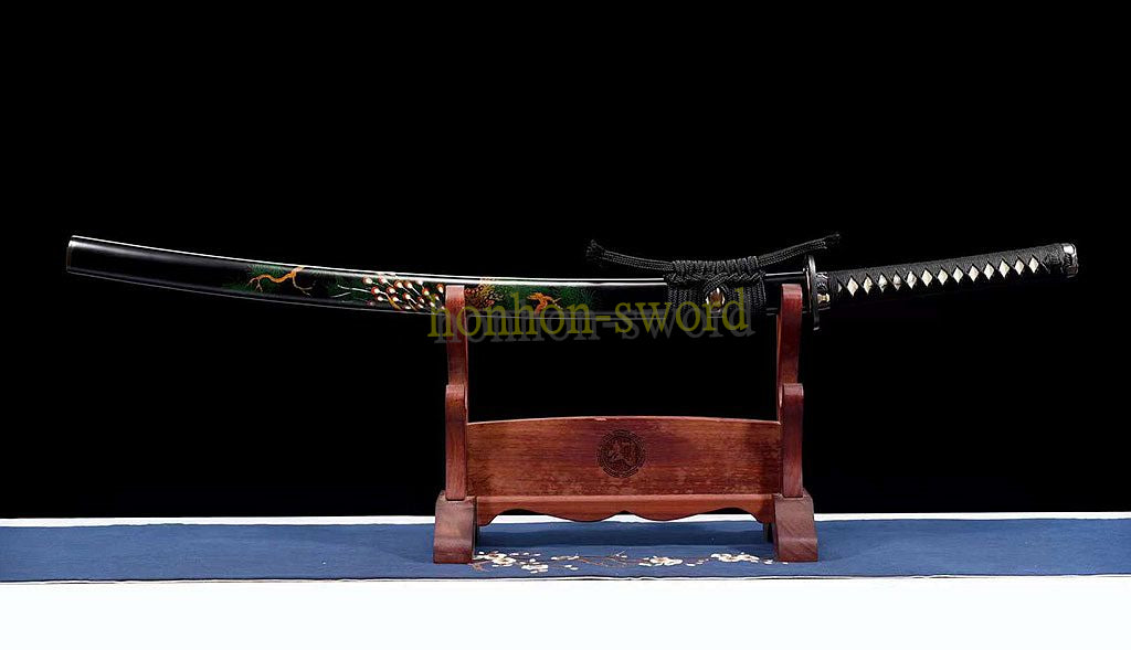 T10 Clay Tempered Katana Mirror Polished Japanese Samurai Sword Hand Painting Ox Horn Saya Black