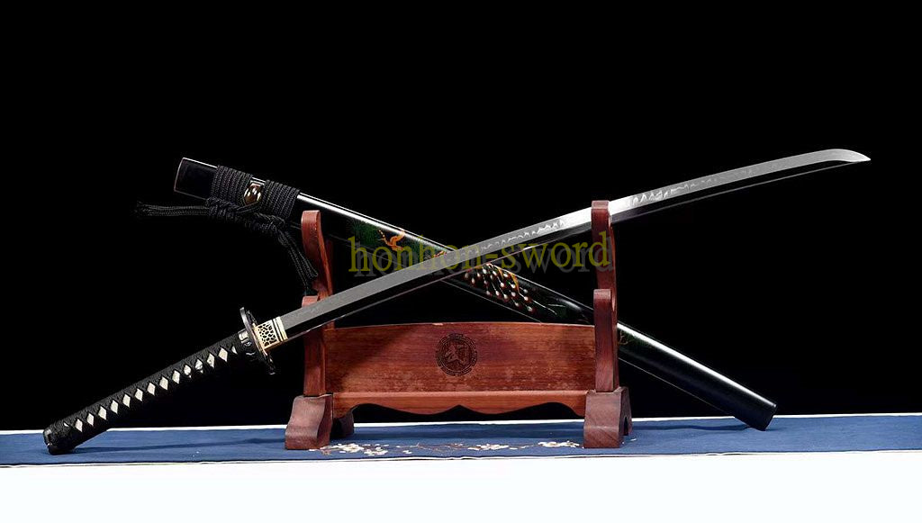 T10 Clay Tempered Katana Mirror Polished Japanese Samurai Sword Hand Painting Ox Horn Saya Black
