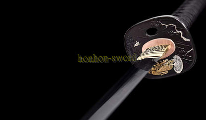 T10 Clay Tempered Katana Mirror Polished Japanese Samurai Sword Hand Painting Ox Horn Saya Black