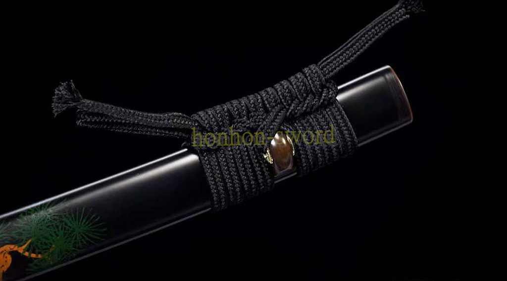 T10 Clay Tempered Katana Mirror Polished Japanese Samurai Sword Hand Painting Ox Horn Saya Black
