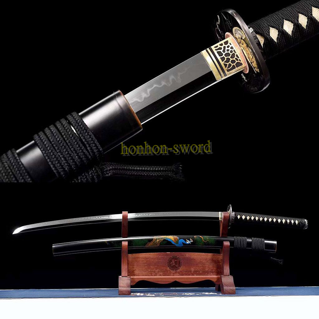 T10 Clay Tempered Katana Mirror Polished Japanese Samurai Sword Hand Painting Ox Horn Saya Black