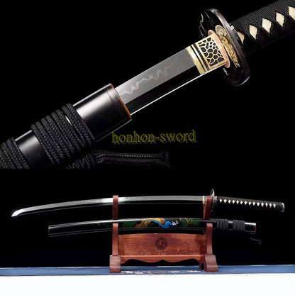 T10 Clay Tempered Katana Mirror Polished Japanese Samurai Sword Hand Painting Ox Horn Saya Black