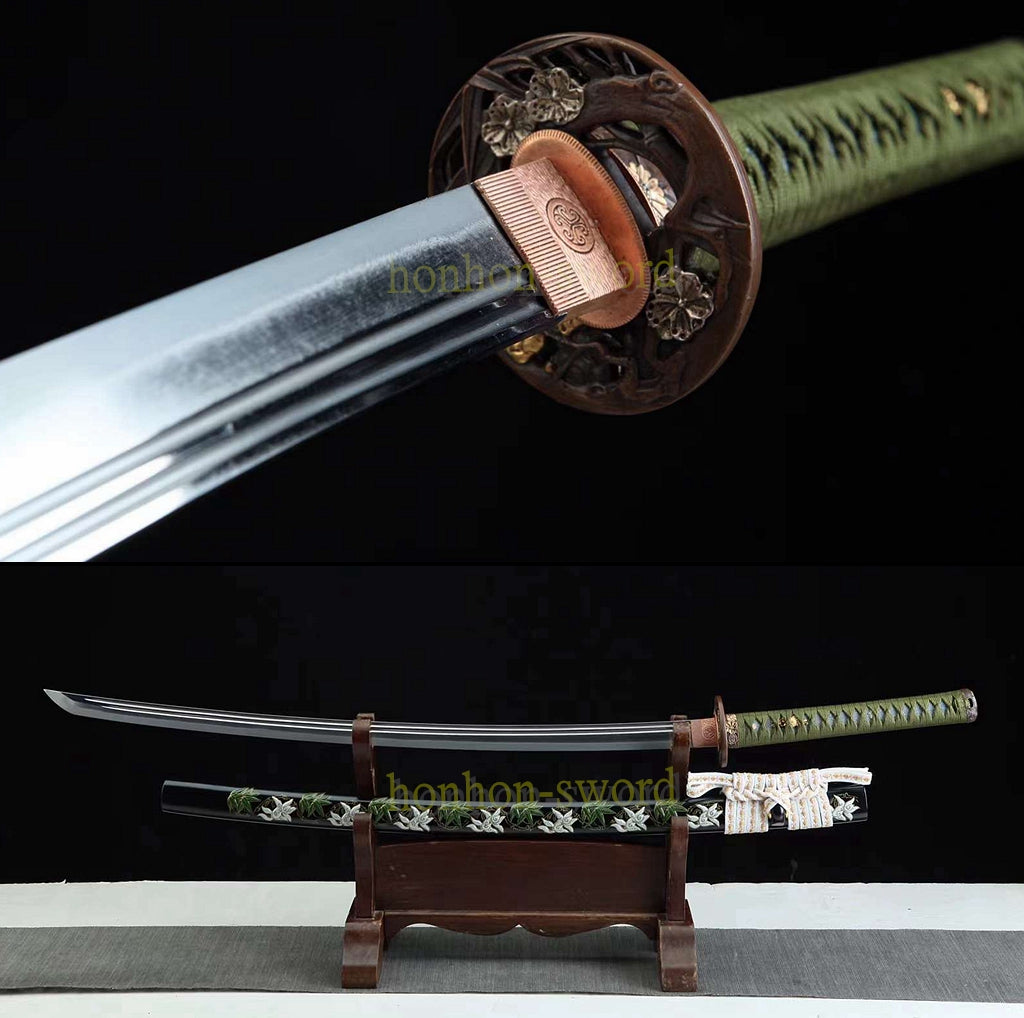 Hand Polishing Tamahagane Clay Tempered Katana Japanese Samurai Sword Double Bo Hi Battle Ready Green