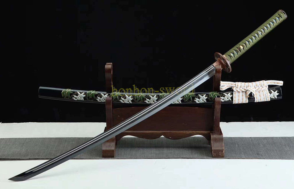 Hand Polishing Tamahagane Clay Tempered Katana Japanese Samurai Sword Double Bo Hi Battle Ready Green