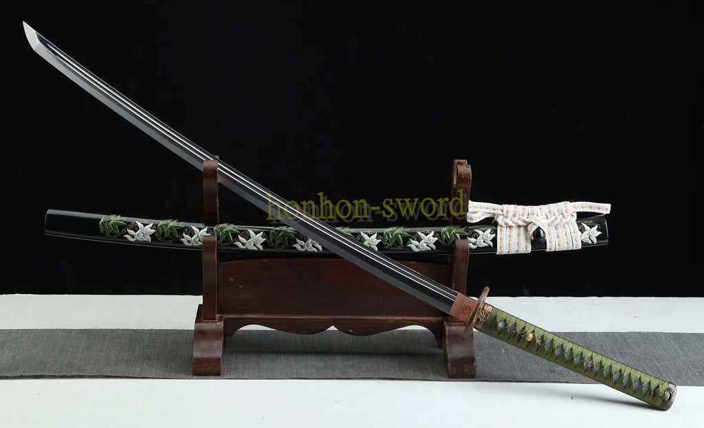 Hand Polishing Tamahagane Clay Tempered Katana Japanese Samurai Sword Double Bo Hi Battle Ready Green