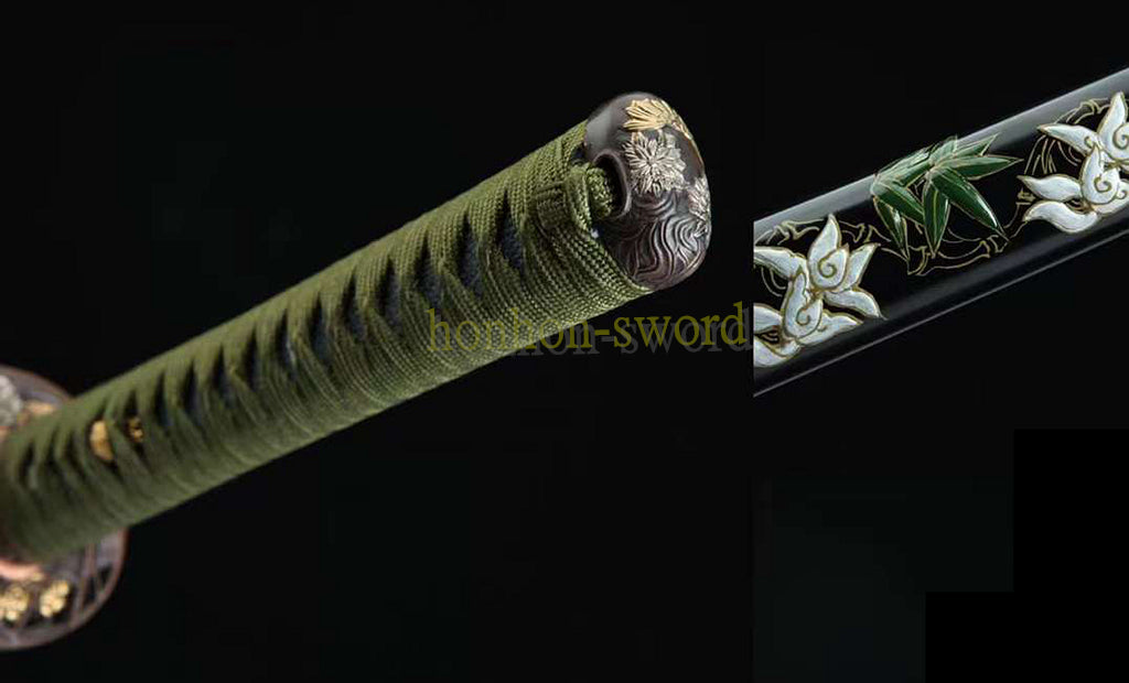 Hand Polishing Tamahagane Clay Tempered Katana Japanese Samurai Sword Double Bo Hi Battle Ready Green